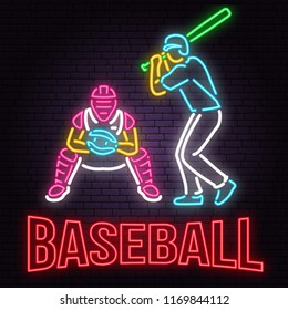 Neon Baseball or softball sign on brick wall background. Vector illustration. Neon style design with baseball batter, catcher and ball for baseball silhouette. Night bright advertisement