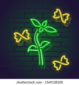 Neon basil farfalle pasta. Night illuminated wall street sign for menu or banner. Square illustration on brick wall background.