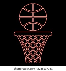 Neon basketball basket and ball Hoop net and ball red color vector illustration image flat style light