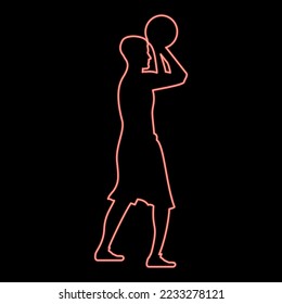 Neon basketball player throws a basketball man shooting ball side view icon black color vector illustration flat style simple imagein circle round red color vector illustration image flat style light