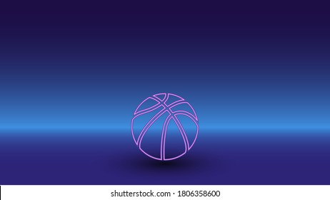Neon basketball symbol on a gradient blue background. The isolated symbol is located in the bottom center. Gradient blue with light blue skyline