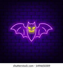 Neon bat icon on dark brick background. Editable stroke and blend. Vector illustration.