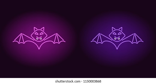 Neon Bat in Purple and Violet color. Vector illustration of bat for Halloween party in glowing neon style. Isolated graphic element for Halloween decoration