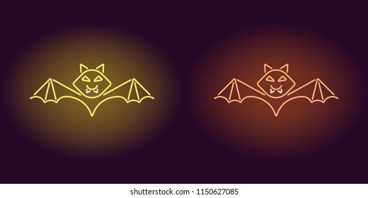 Neon Bat in Yellow and Orange color. Vector illustration of bat for Halloween party in glowing neon style. Isolated graphic element for Halloween decoration