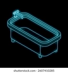 Neon bathtub with faucet glowing blue on a black background