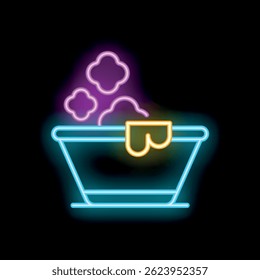 Neon bathtub with towel hanging on side and steam coming up, concept for relaxation, spa, bathroom