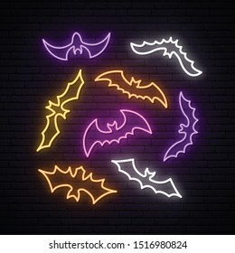 Neon bats collection. Happy Halloween concept vector Illustration.