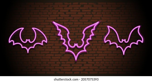 Neon bats silhouettes on brick wall background. Vector illustration