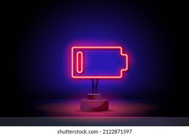 Neon battery icon. Glowing neon accumulator sign, outline electric charge pictogram in vivid colors. Phone battery, electrical charging station.