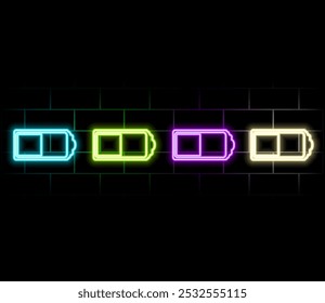 Neon battery icon. Glowing neon accumulator sign, outline electric charge pictogram in vivid colors. Phone battery with full charge, electrical charging station. Vector icon set, sign, symbol for UI.g