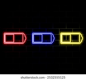 Neon battery icon. Glowing neon accumulator sign, outline electric charge pictogram in vivid colors. Phone battery with full charge, electrical charging station. Vector icon set, sign, symbol for UI.