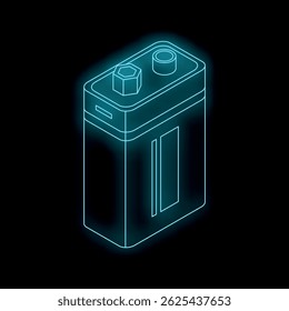 Neon battery icon glowing on dark background, representing energy, power, and electricity