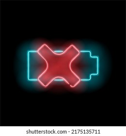 Neon battery template with error. Battery charge icon. Neon style. Accumulator. Charge of energy. Battery not recognized. Vector illustration. Simple icon for websites, mobile app.