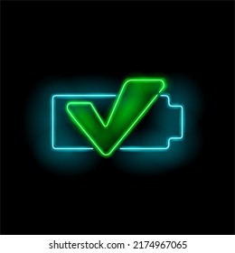 Neon battery template with lightning. Battery charge icon. Neon style. Full charge battery. Accumulator. Charge of energy. Vector illustration. Simple icon for websites, mobile app. EPS 10.