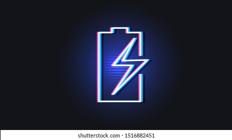 Neon battery with zipper on the stand glows in the dark. Vector illustration.