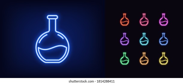 Icono del vaso de agua. Signo de laboratorio de neón brillante, investigación clínica en colores vivos. Exploración médica, análisis, experimento químico, desarrollo de vacunas. Juego de iconos, signo, símbolo. Ilustración del vector