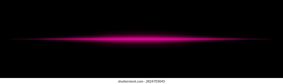 Neon beam effect. Horizontal cerise laser streak soft luminous flare dark void background.