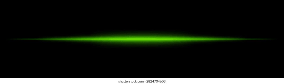 Neon beam effect. Horizontal chartreuse laser streak soft luminous flare dark void background.