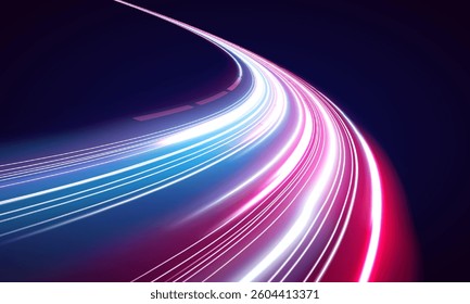 Neon beams speed down a dark road, creating a sense of endless movement. The vibrant colors and glowing lights emphasize the fast pace of modern technology.	