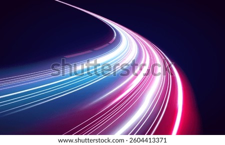 Neon beams speed down a dark road, creating a sense of endless movement. The vibrant colors and glowing lights emphasize the fast pace of modern technology.	