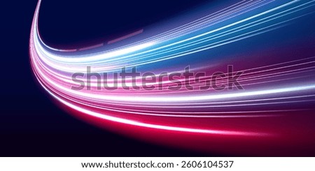 Neon beams speed down a dark road, creating a sense of endless movement. The vibrant colors and glowing lights emphasize the fast pace of modern technology.	