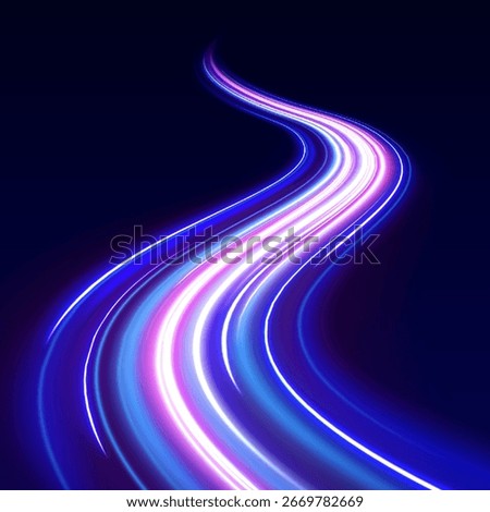 Neon beams speed down a dark road, creating a sense of endless movement. The vibrant colors and glowing lights emphasize the fast pace of modern technology.	
