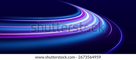 Neon beams speed down a dark road, creating a sense of endless movement. The vibrant colors and glowing lights emphasize the fast pace of modern technology.	
