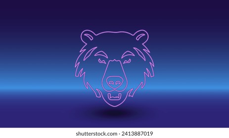 Neon bear head symbol on a gradient blue background. The isolated symbol is located in the bottom center. Gradient blue with light blue skyline
