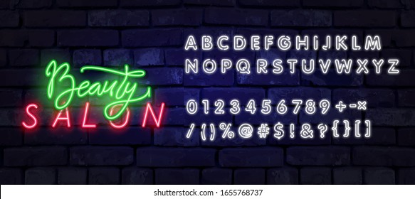 Neon Beauty Salon sign vector design template. Hairdress neon logo, light banner design element colorful modern design trend, night bright advertising, bright sign. Vector illustration