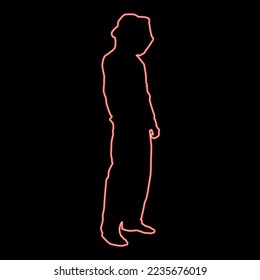 Neon beekeeper in protective outfit clothing with hat with grid of bee stings collects honey Beekeeper beemaster apiarist in apiary View side red color vector illustration image flat style light