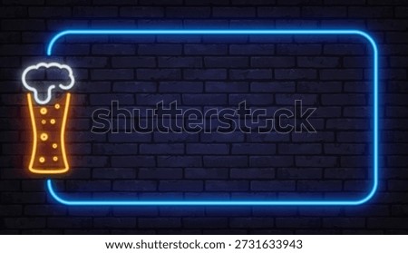 Neon beer glass with foam inside glowing frame on brick wall. Nightlife concept suitable for bars, pubs, menus, or festival promotions.