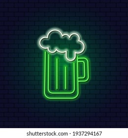 Neon Beer Mug with Foam. Patrick's Day. Frothy beer. Icon for an Irish Pub on St. Patrick's Day.