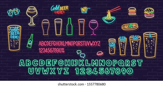 Neon beer set. Isolated icons and text for menu, post, pub or bar advertisement. Headline and small condensed uppercase letters.