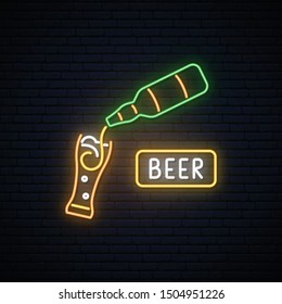 Neon Beer sign. Beer bar advertising design. Bright vector signboard with beer mug and bottle. 
