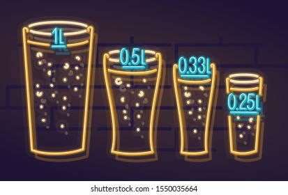 Neon beer sizes icons set. Night illuminated wall street pub or bar sign. Illustration on brick wall background for bar menu.