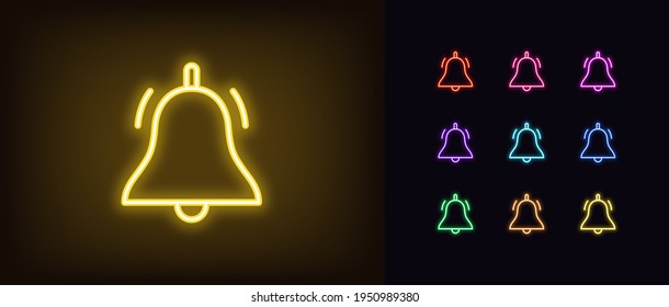 Neon bell icon. Glowing neon bell sign, outline notification pictogram in vivid colors. Online push notification, reminder sound alert, active alarm setting, updating. Vector icon set, sign for UI