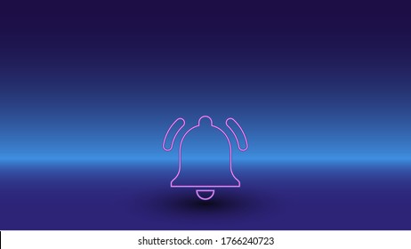 Neon bell symbol on a gradient blue background. The isolated symbol is located in the bottom center. Gradient blue with light blue skyline