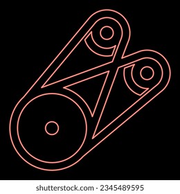 Neon belt transmission mechanism with three pulleys drive part automobile tension rollers engine spare auto repair wheels with rubber tape V-belt Automotive concept red color vector illustration 