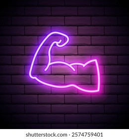 Neon biceps flexing symbol glowing in purple and pink against a dark brick wall background.