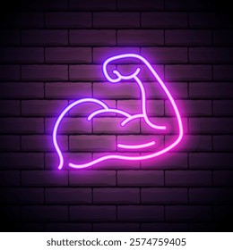 Neon biceps flexing symbol glowing in purple and pink against a dark brick wall background.
