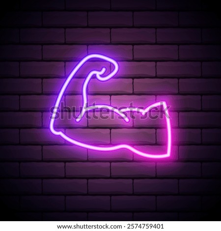 Neon biceps flexing symbol glowing in purple and pink against a dark brick wall background.