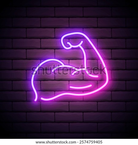 Neon biceps flexing symbol glowing in purple and pink against a dark brick wall background.