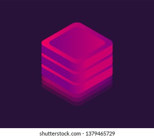 Neon big data storage isometric icon. Abstract cube, Neon block, Vector 3D illustration.