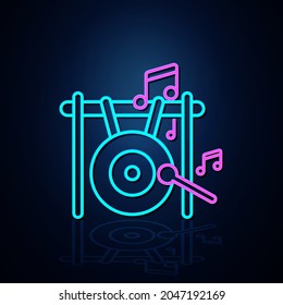 Neon big gong and musical note icon on. Neon line icon. Entertainment and karaoke music icon. neon icon.