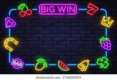 Neon großen Win-Frame mit klassischen Casino-Icons und glühenden Effekten. Perfekt für Gewinnbildschirme, Aktionen oder Glücksspielanzeigen.
