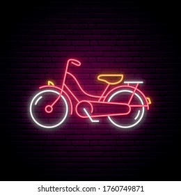 Neon bike sign. Glowing retro Bicycle emblem on brick wall background. Vector illustration in neon style.