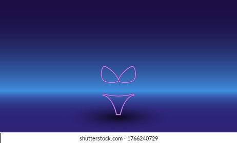 Neon bikini symbol on a gradient blue background. The isolated symbol is located in the bottom center. Gradient blue with light blue skyline