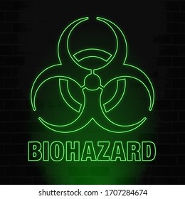 Neon biohazard symbol with the text "biohazard" consisting of neon contours on a black brick wall background.