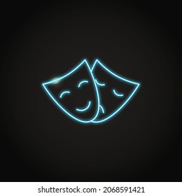 Neon Bipolar Disorder Icon In Line Style. Smiling And Sad Theatre Masks. Mood Change Symbol. Vector Illustration.