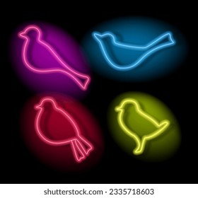 Neon bird icons set. Colored glowing silhouettes. Vector objects